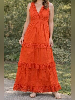 Boden Orange Eyelet Maxi Dress Small Sleeveless Boho Tiered Summer Cotton